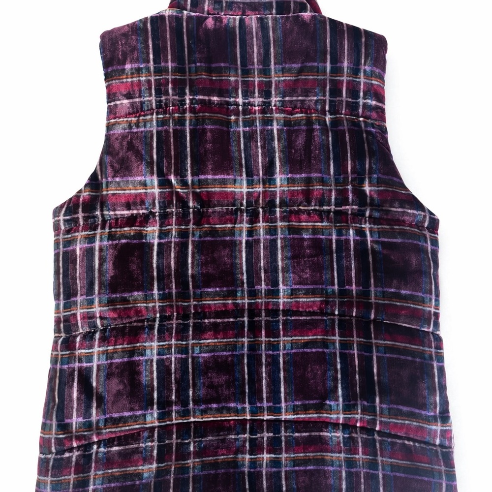 LOFT Velvet Plaid Puffer Vest in Burgundy with Black Accents - Picture 2 of 4